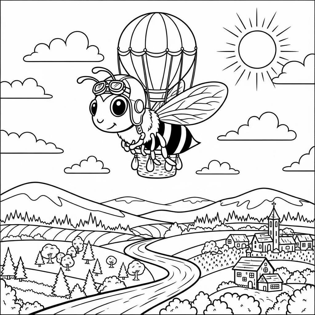 Desenho de Abelha em um Balão de Ar Quente para Colorir