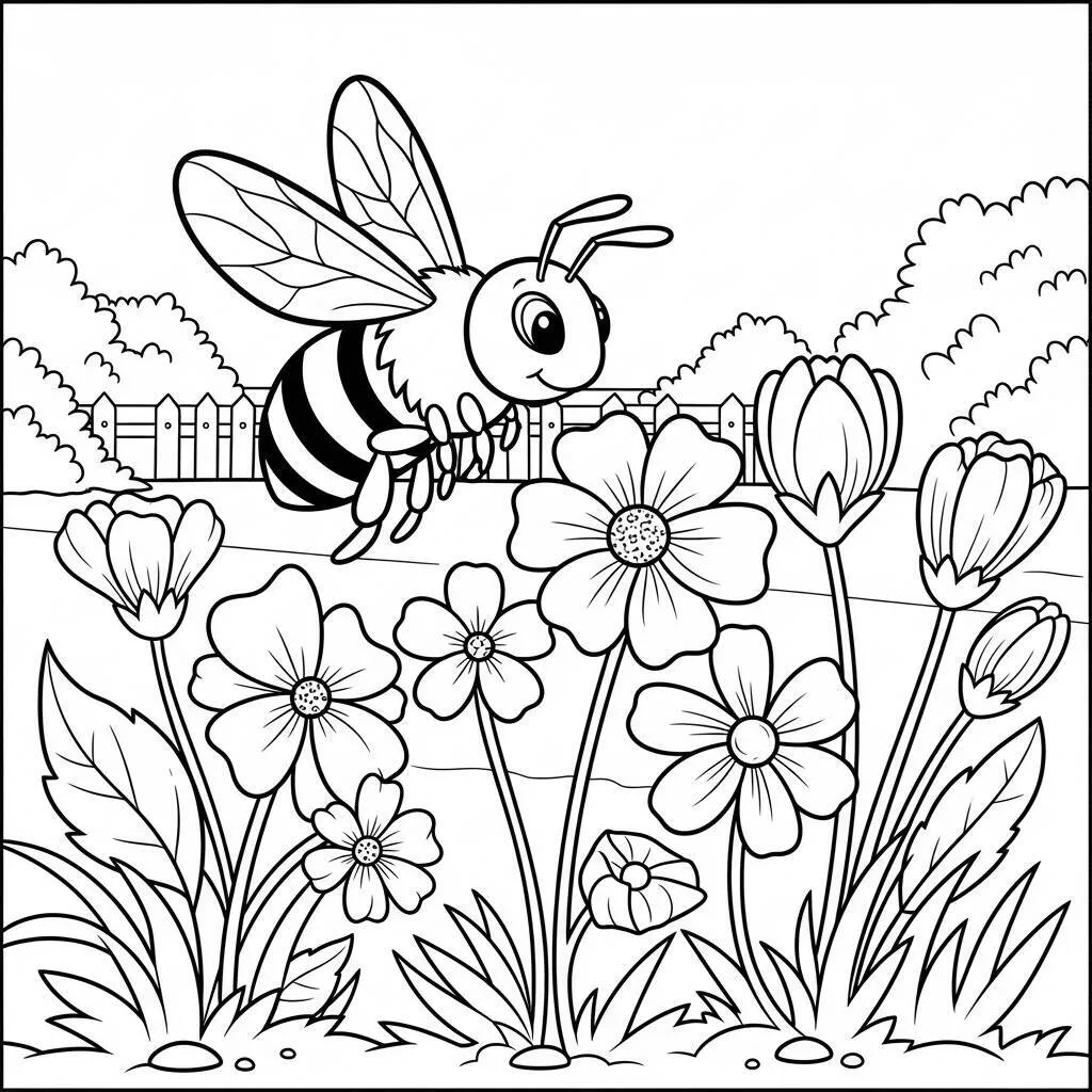 Desenho-de-Abelha-em-um-Jardim-para-Colorir Desenho de Abelha em um Jardim para Colorir
