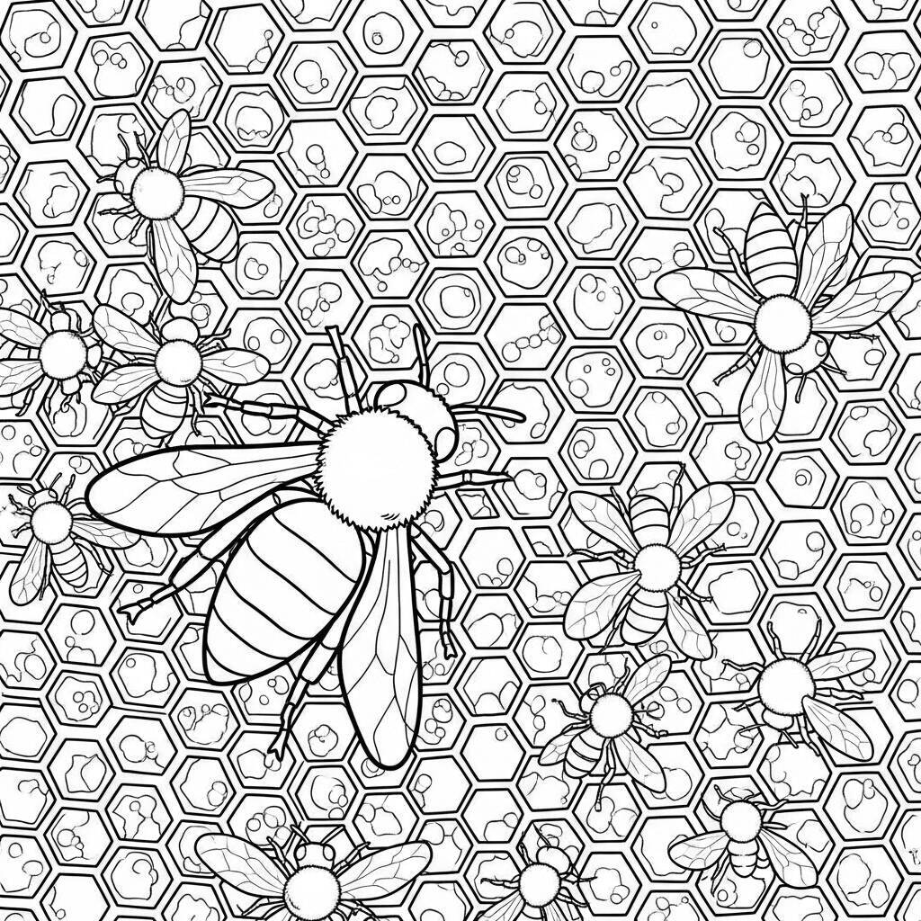 Desenho de Abelha em uma Colmeia para Colorir