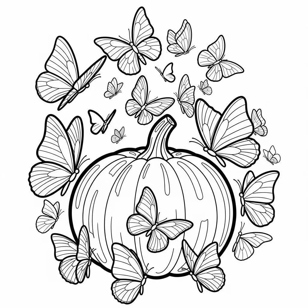 Desenho de Abóbora com Borboletas para Colorir