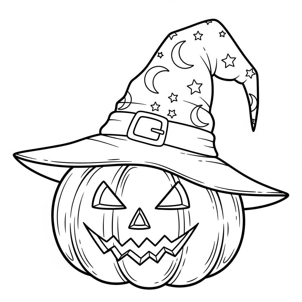 Desenho-de-Abobora-com-Chapeu-de-Bruxa-para-Colorir Página para colorear de calabaza con sombrero de bruja