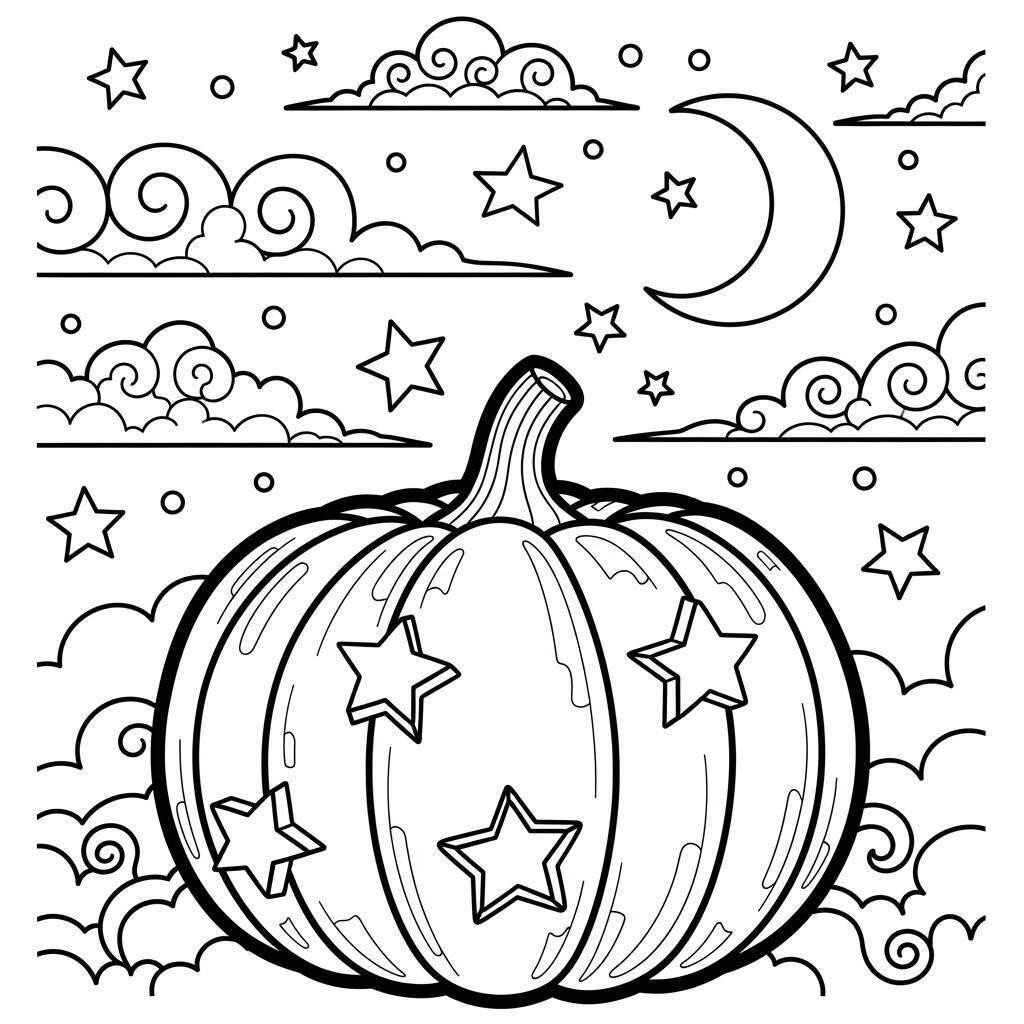 Pagina da colorare di zucca con stelle