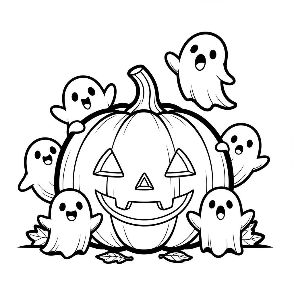 Pagina da colorare di zucca con fantasmi