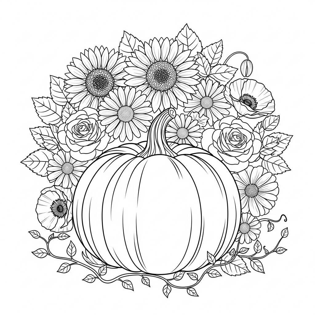Pagina da colorare di zucca con fiori