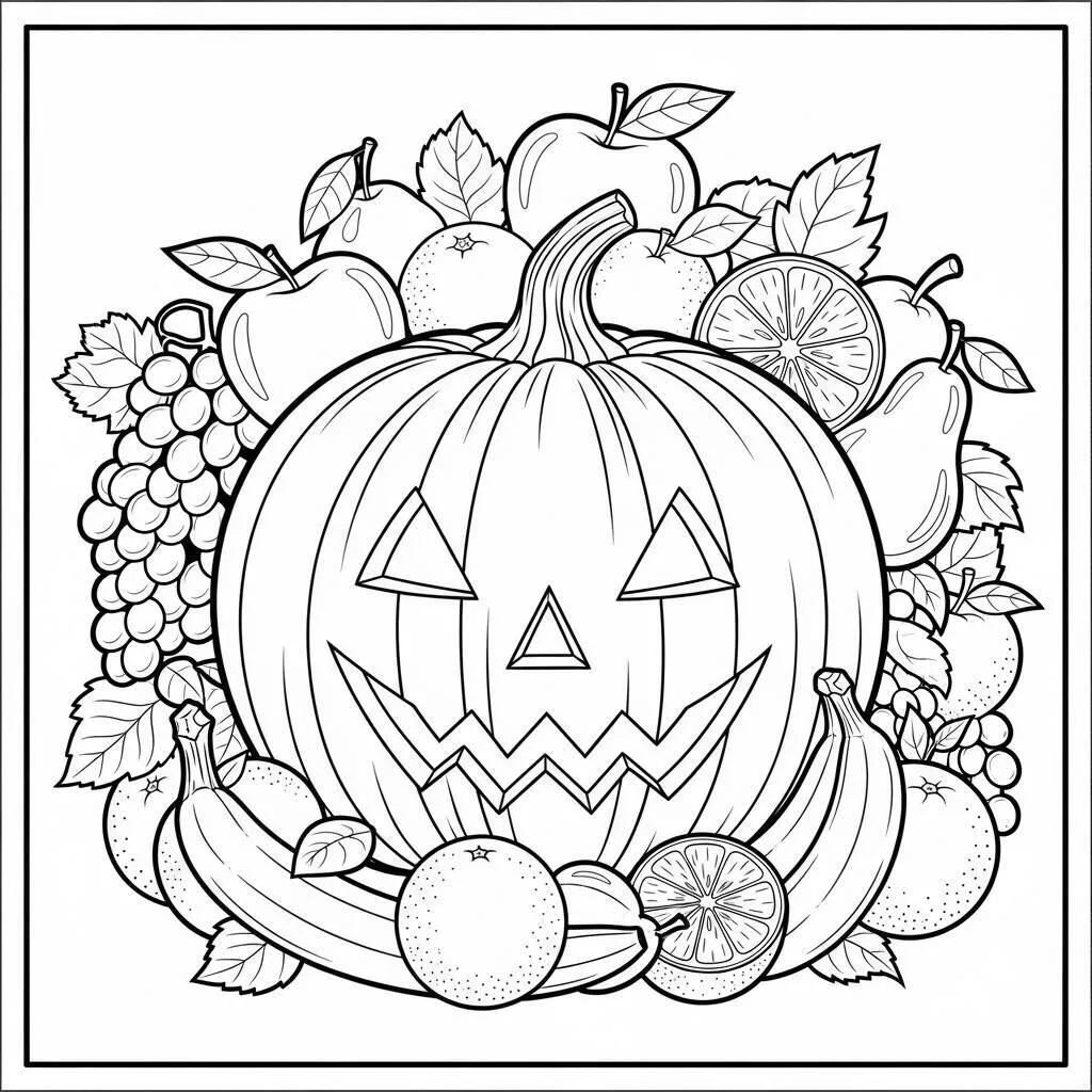 Desenho-de-Abobora-com-Frutas-para-Colorir Desenho de Abóbora com Frutas para Colorir