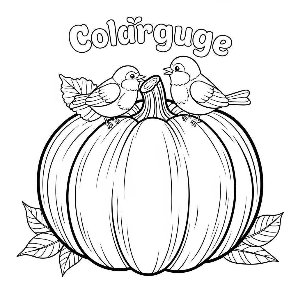 Pagina da colorare di zucca con uccelli
