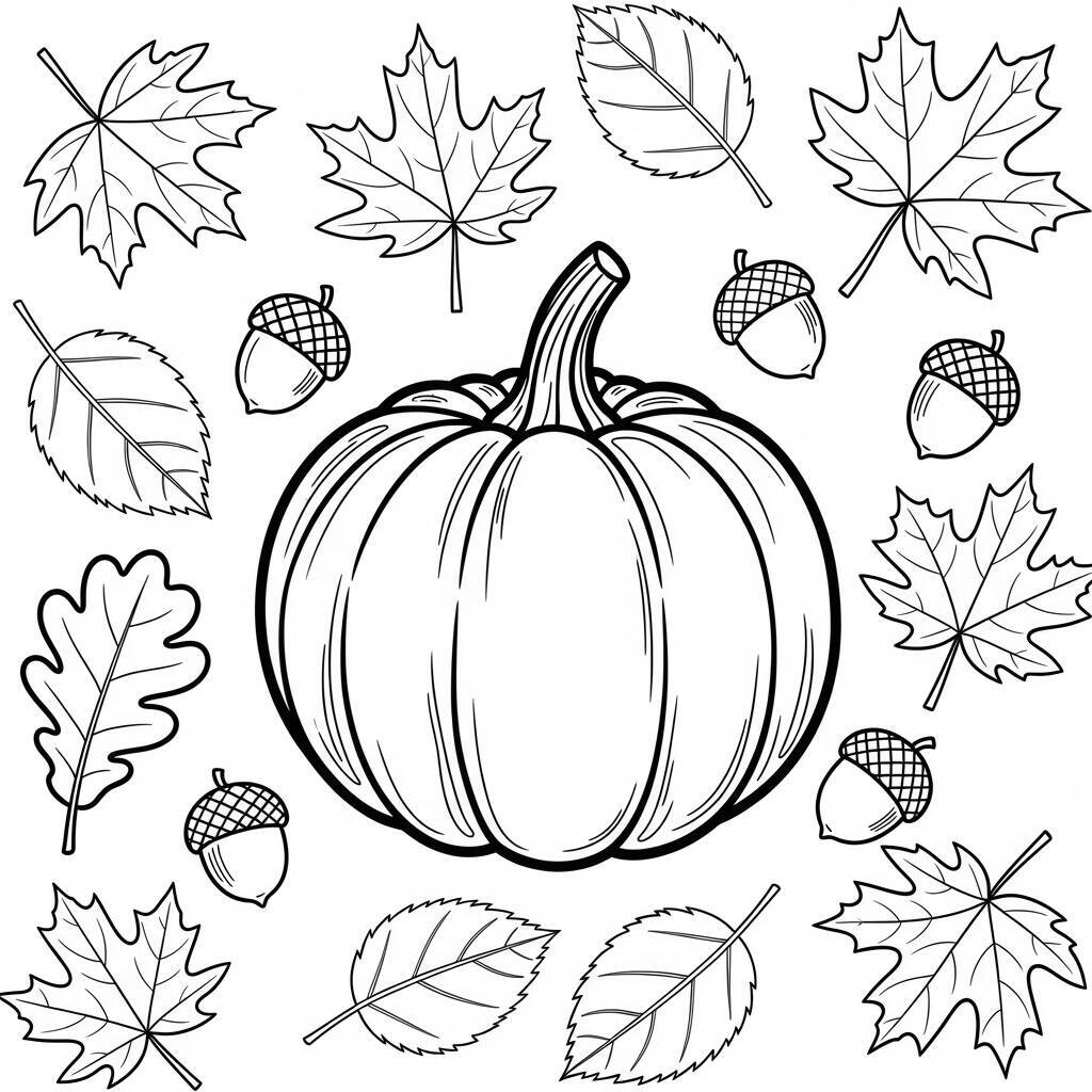Pagina da colorare di zucca e foglie
