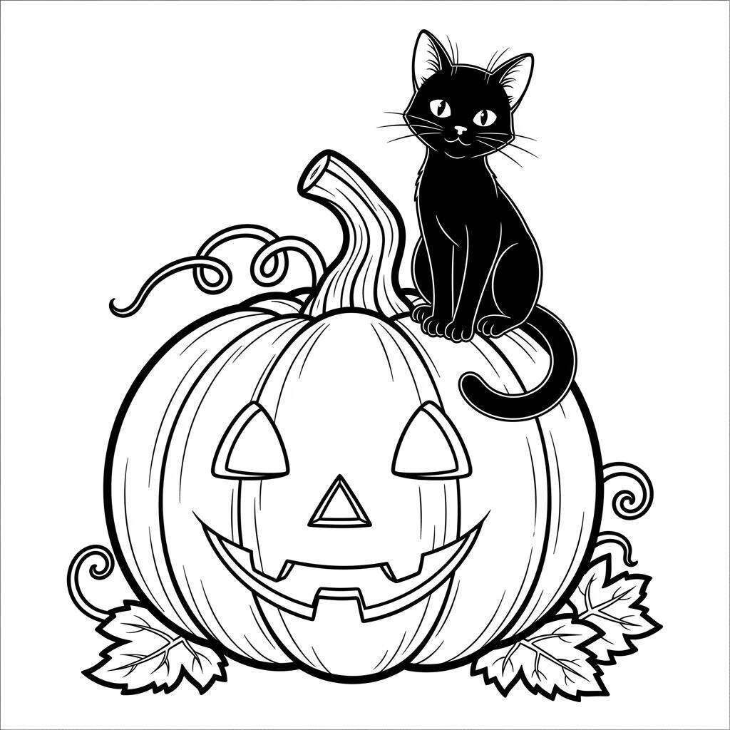 Pagina da colorare di zucca e gatto nero