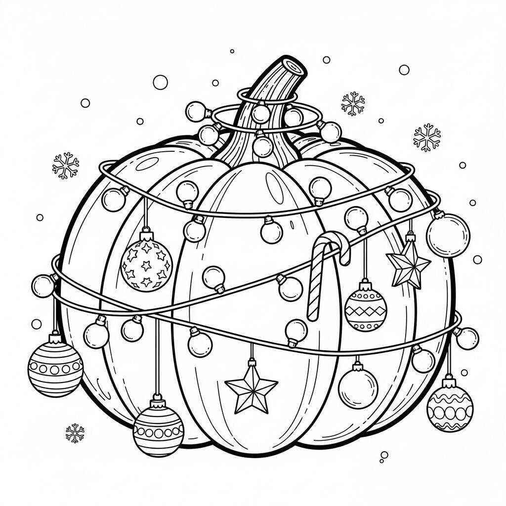 Pagina da colorare di zucca e luci di Natale
