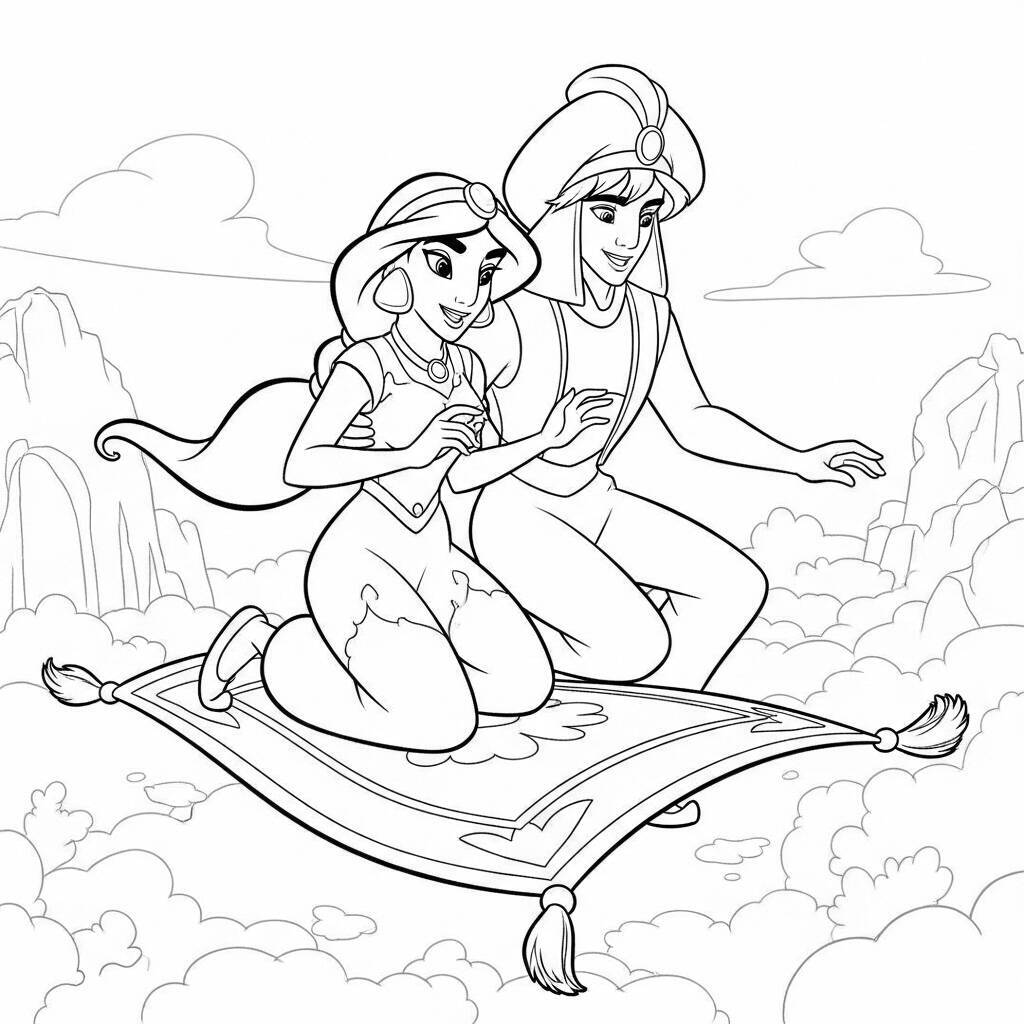 Desenho de Aladdin e Jasmine para Colorir