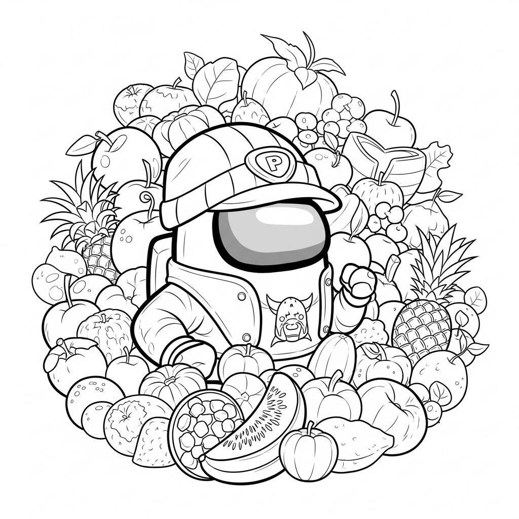 Desenho de Among Us e Frutas para Colorir