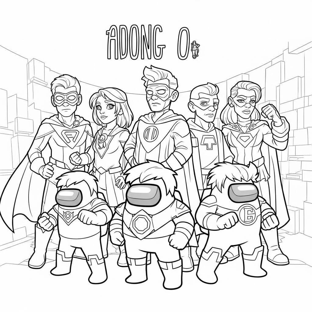 Desenho de Among Us e Super-Heróis para Colorir