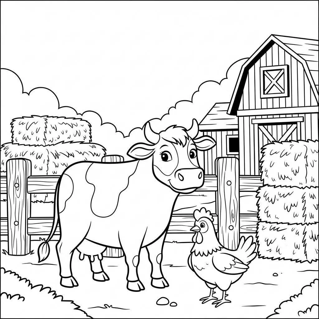 Desenho de Animais da Fazenda com Vaca e Galinha para Colorir