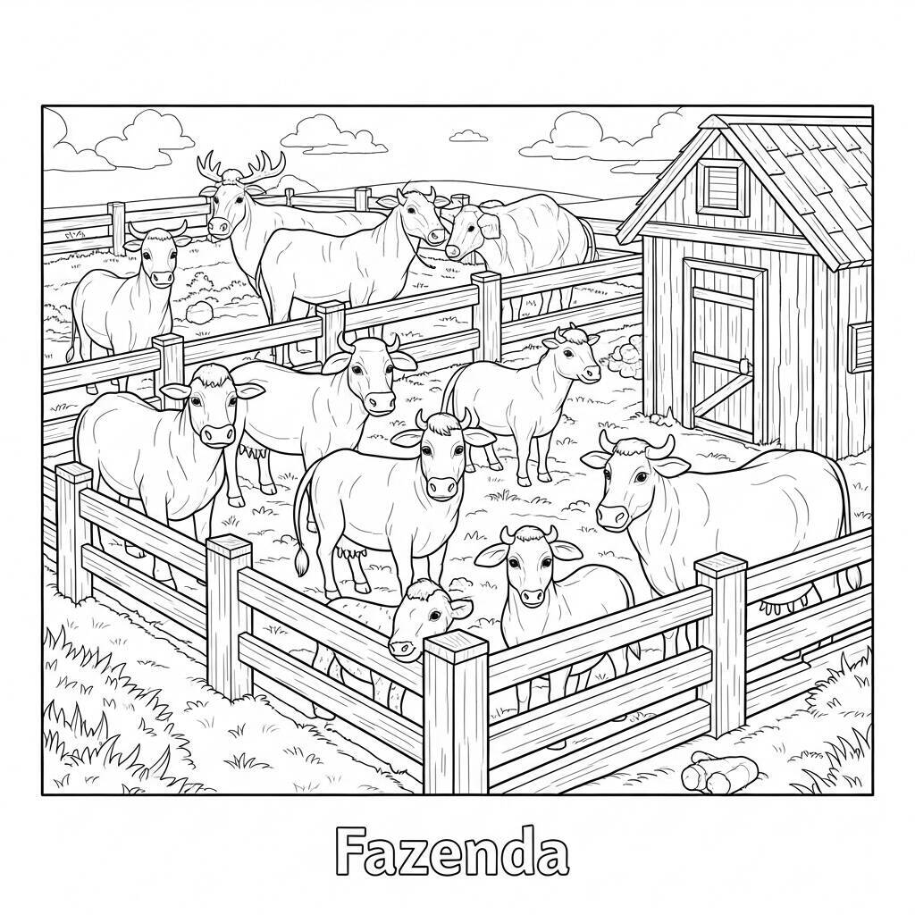 Desenho de Animais da Fazenda em um Cercado para Colorir