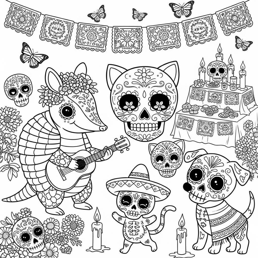 Desenho de Animais do Dia dos Mortos para Colorir