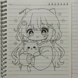 Dibujo anime para dibujar de una niña con un gato.