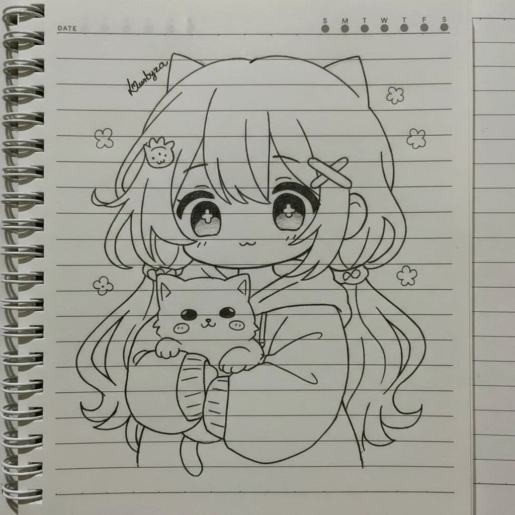 Desenho de Anime para Desenhar de uma menina com gato