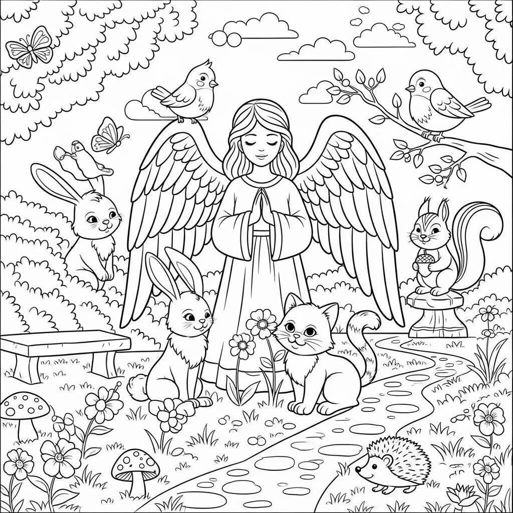 Desenho-de-Anjo-com-Animais-para-Colorir Angel with Animals Coloring Page