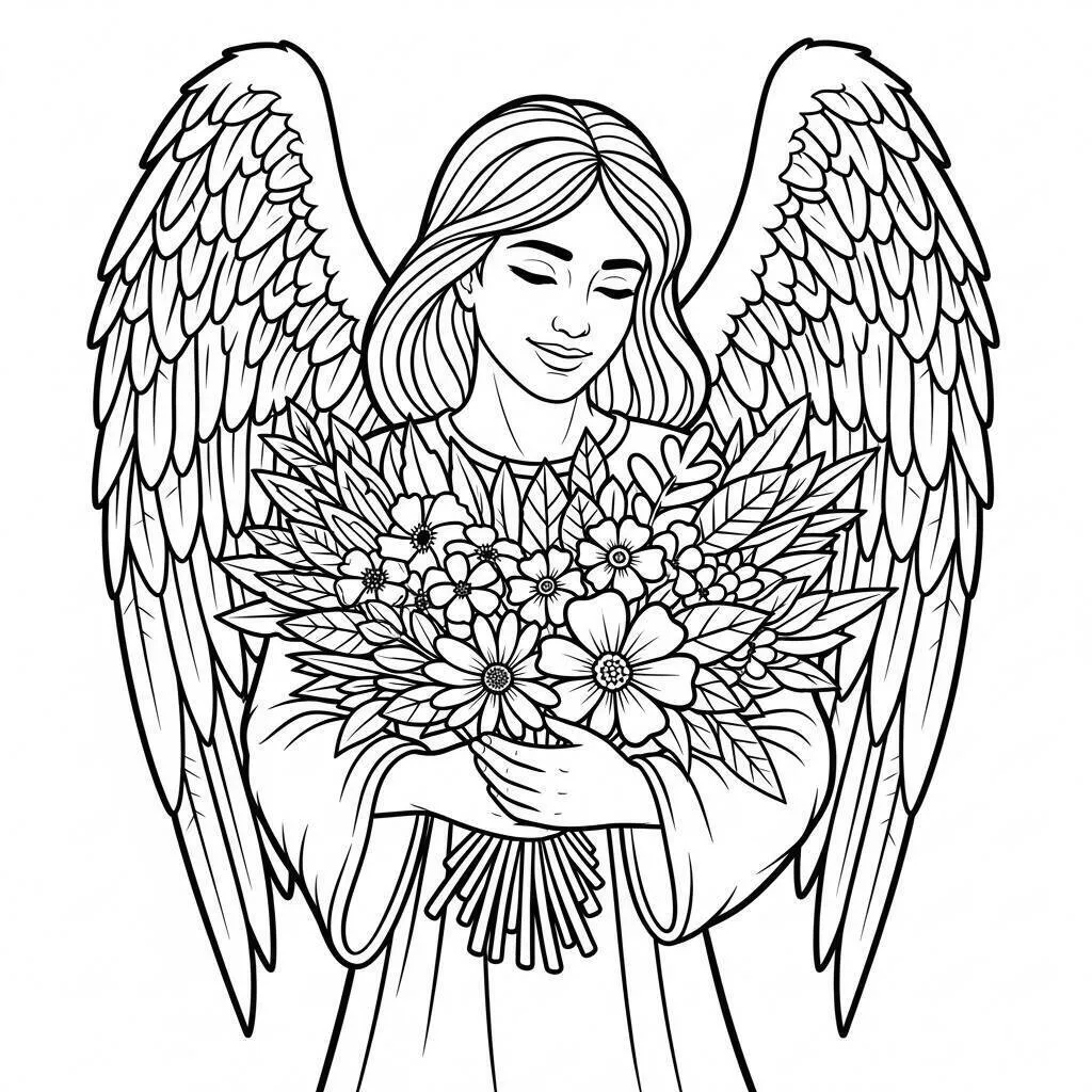 Desenho-de-Anjo-com-Flores-para-Colorir Desenho de Anjo com Flores para Colorir