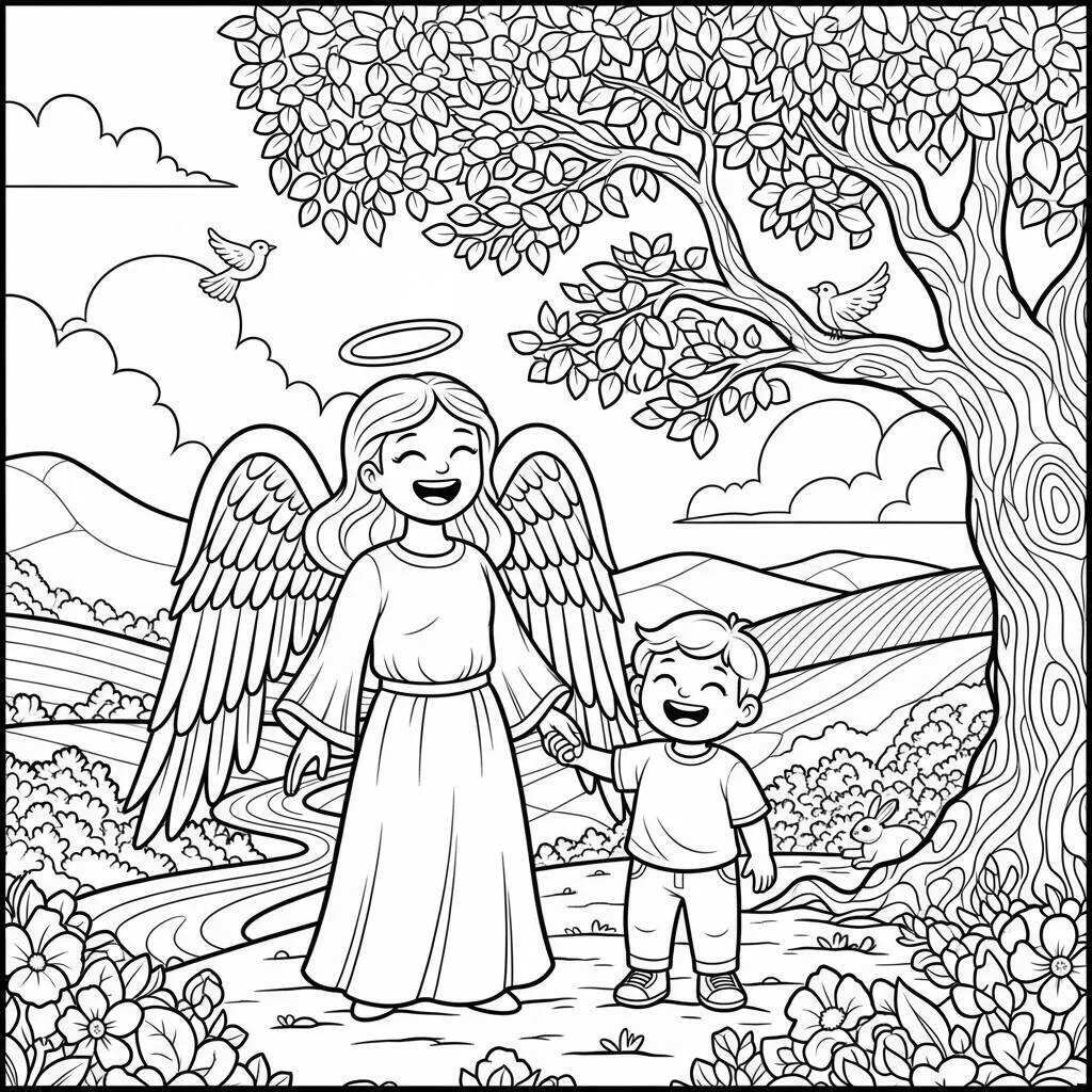 Desenho-de-Anjo-e-Crianca-para-Colorir Angel and Child Coloring Page