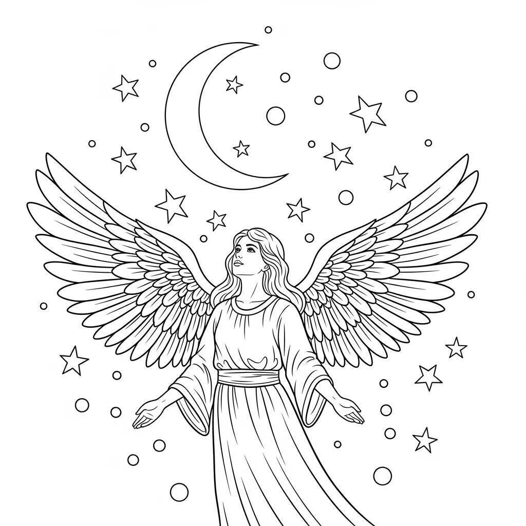 Desenho de Anjo e Estrelas para Colorir