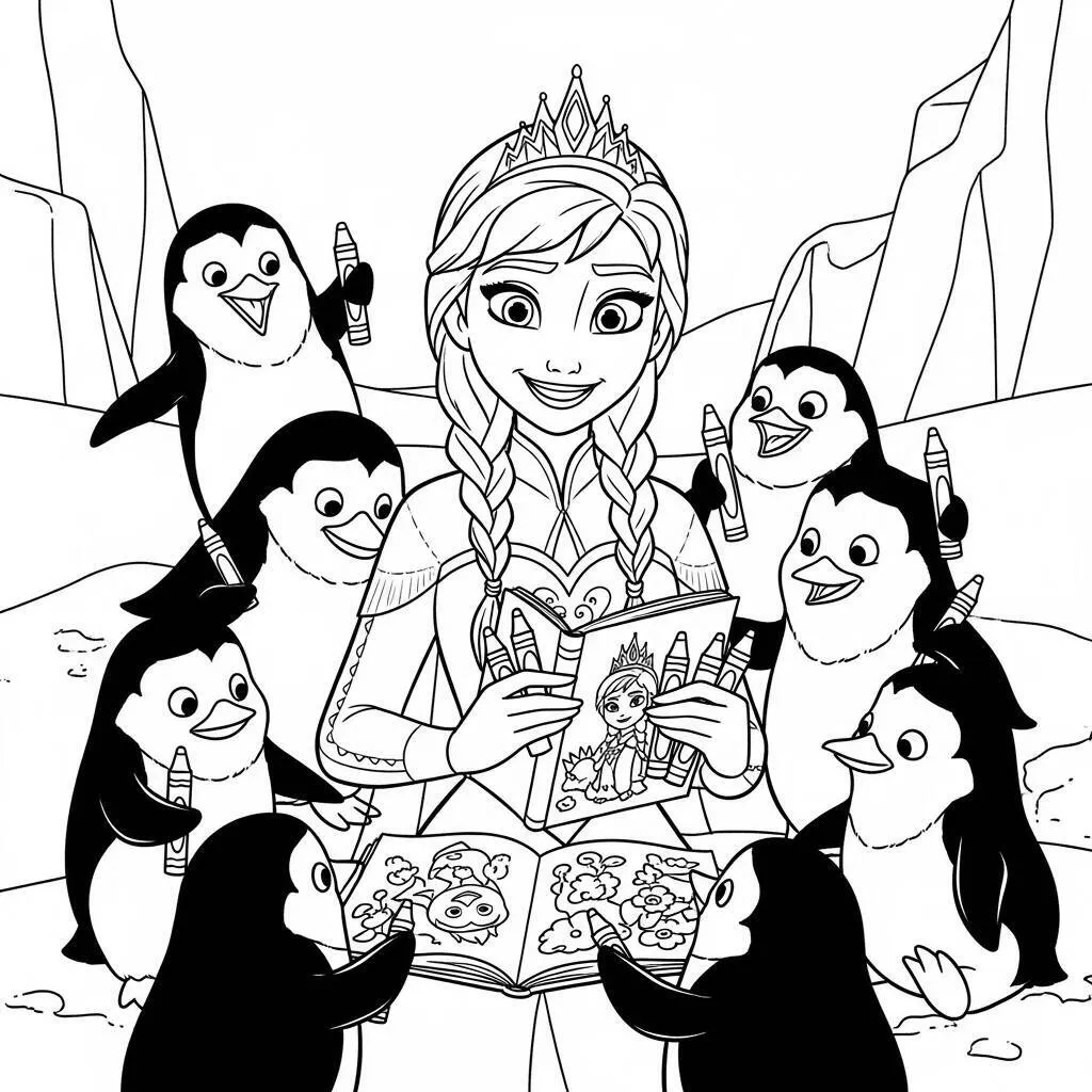 Desenho de Anna do Frozen com Pinguins para Colorir
