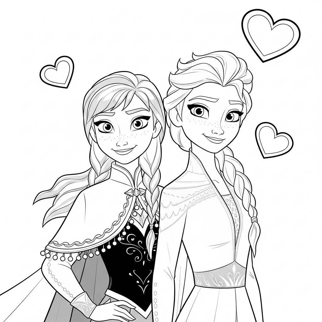 Desenho de Anna e Elsa com corações para Colorir