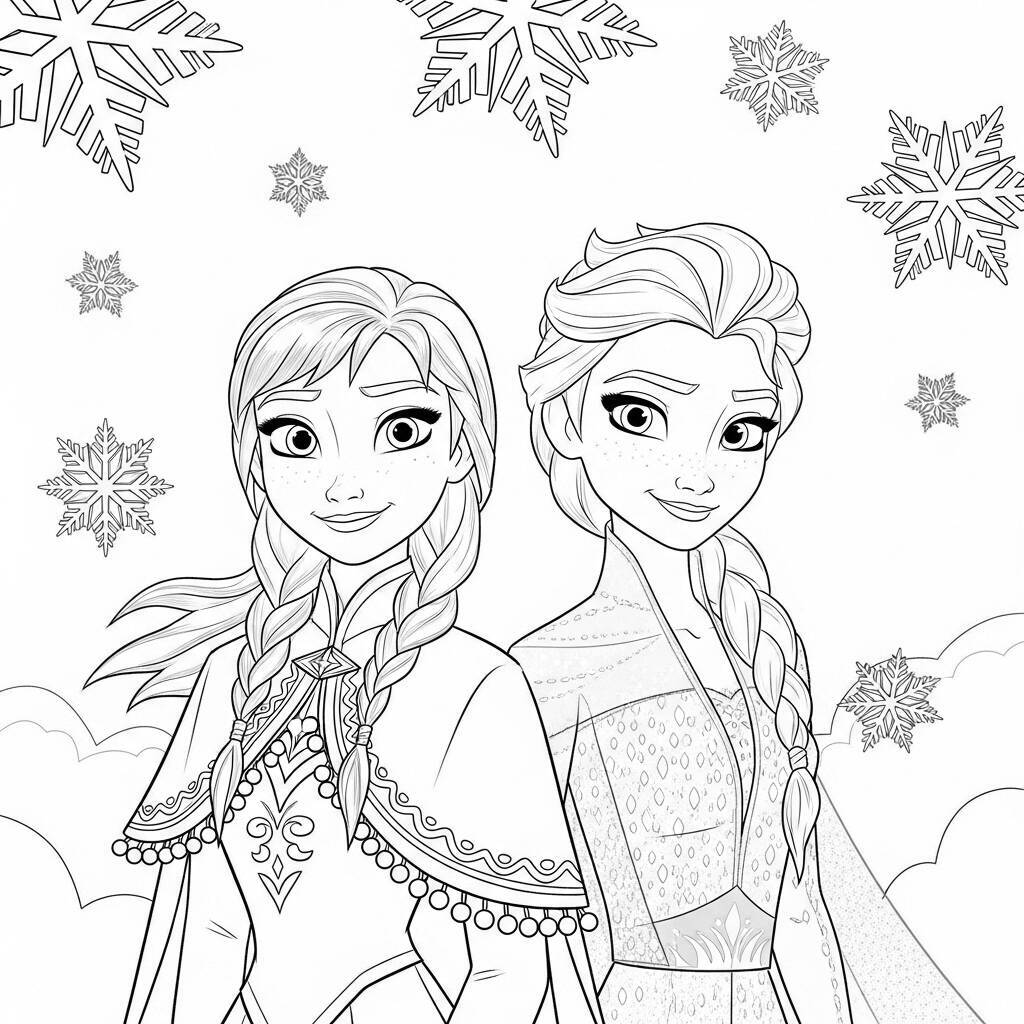 Desenho de Anna e Elsa com flocos de neve para Colorir