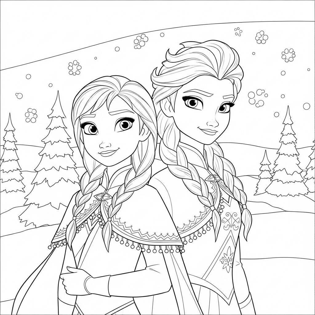 Desenho de Anna e Elsa no Inverno para Colorir
