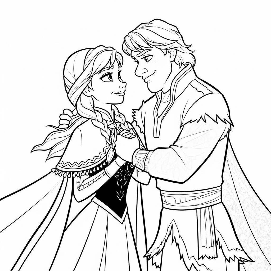 Desenho de Anna e Kristoff em um momento romântico para Colorir