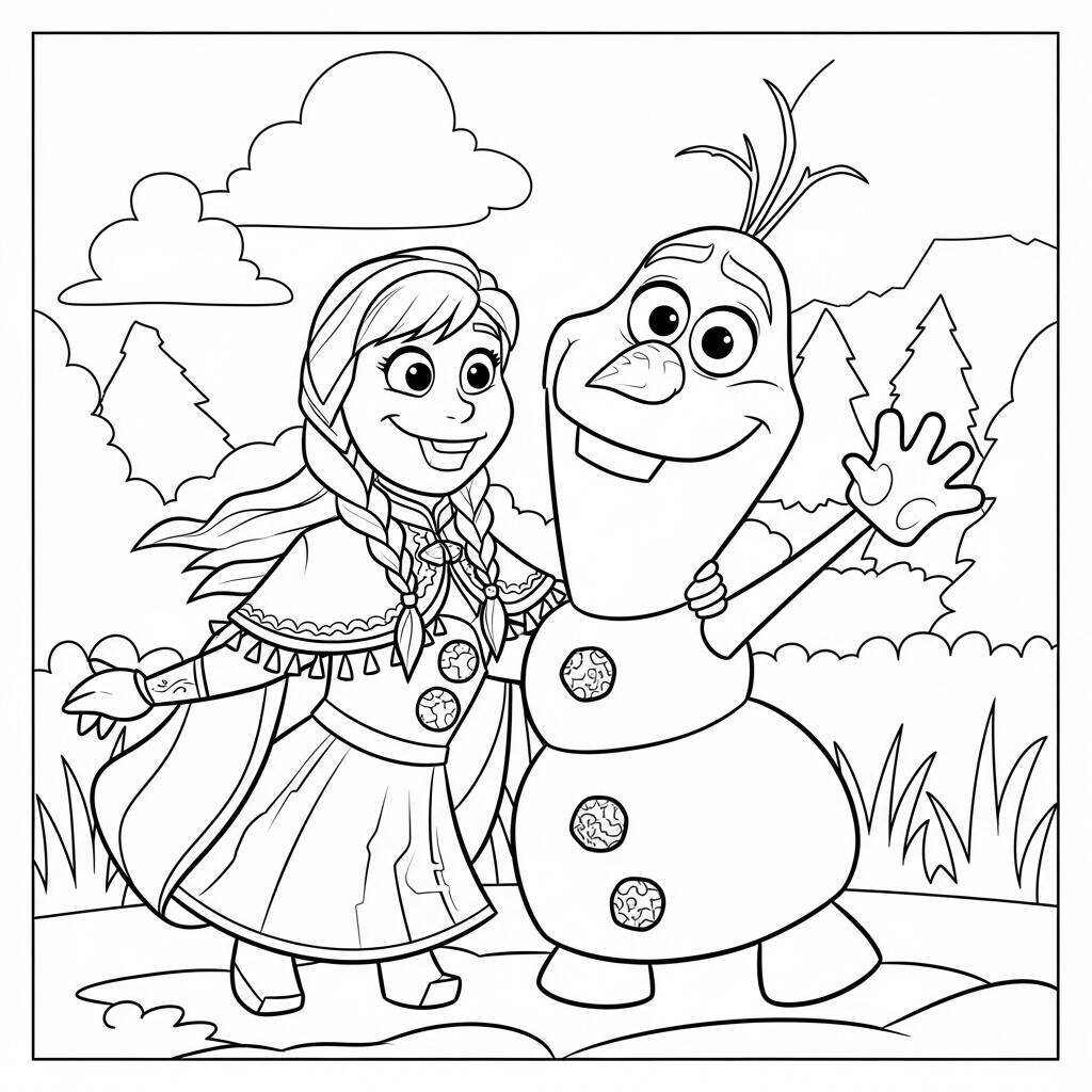 Desenho de Anna e Olaf Construindo um Boneco de Neve para Colorir