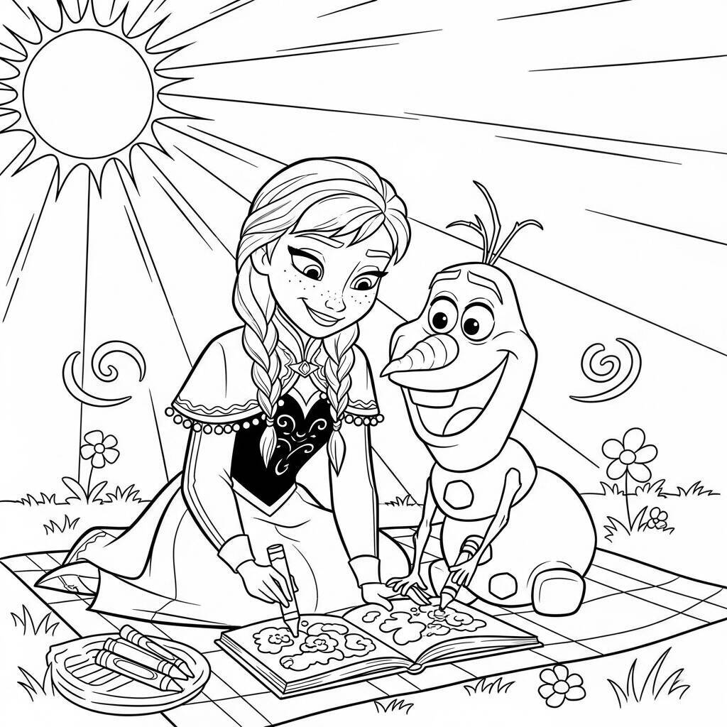 Desenho de Anna e Olaf em um Dia de Sol para Colorir