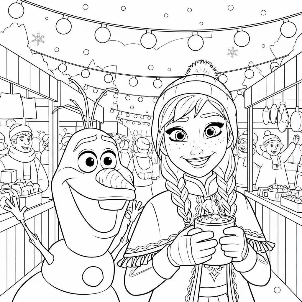 Desenho de Anna e Olaf em um Evento de Inverno para Colorir