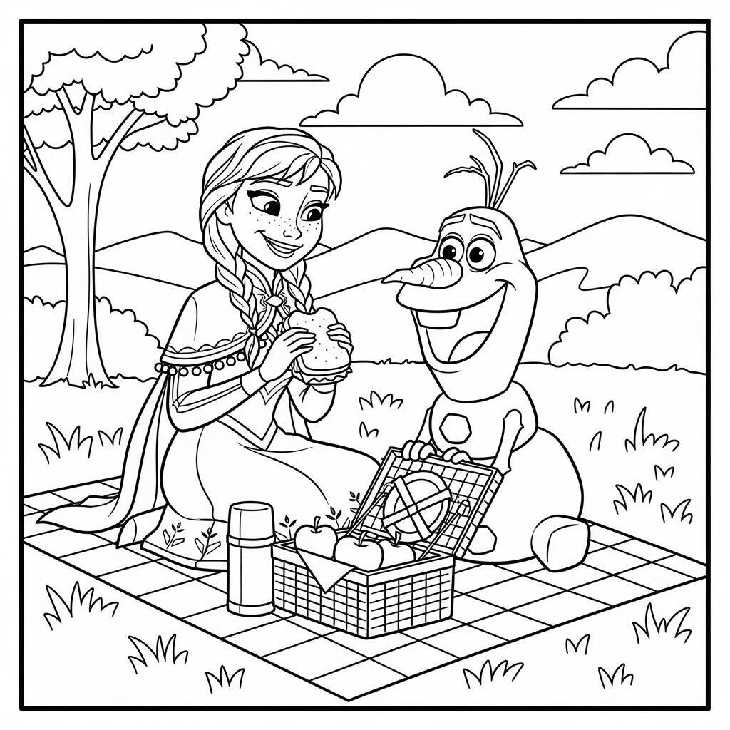 Desenho de Anna e Olaf em um Pic-Nic para Colorir