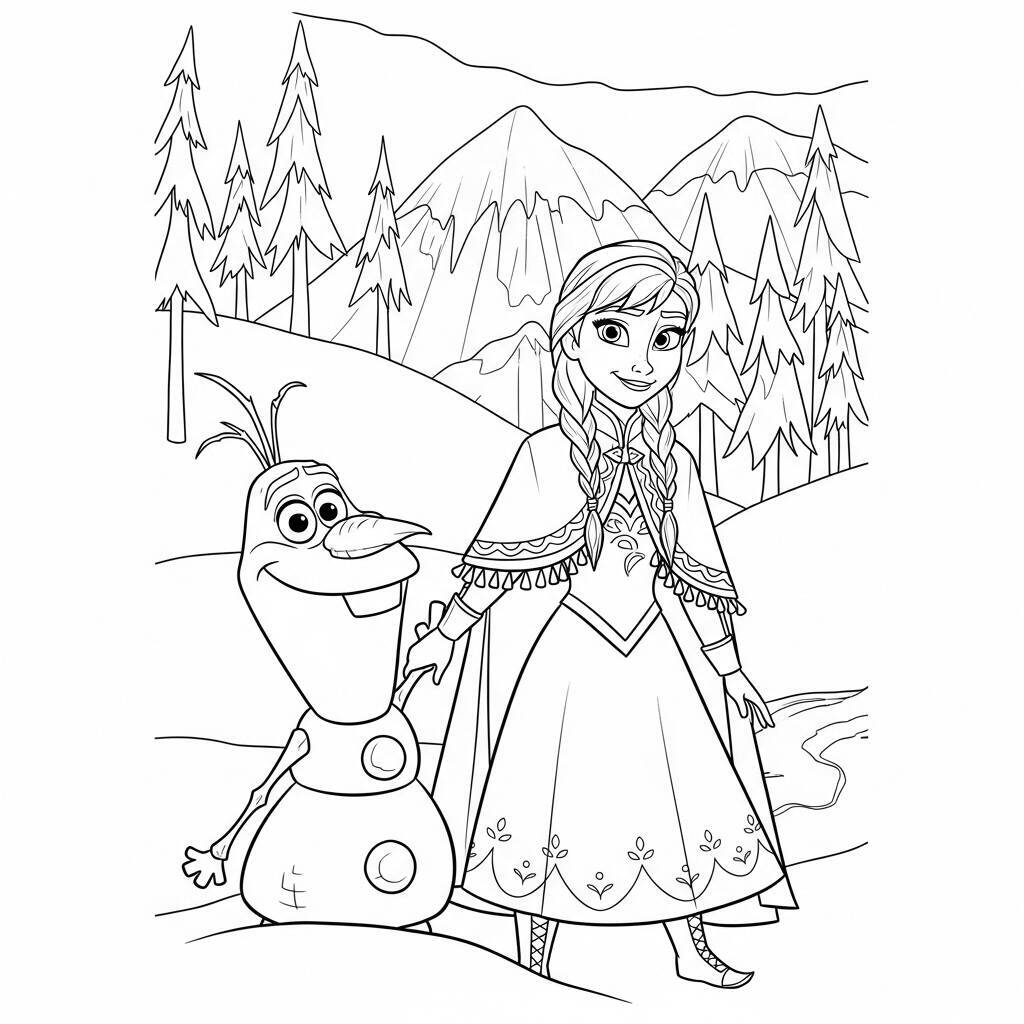Desenho de Anna e Olaf em um dia de neve para Colorir