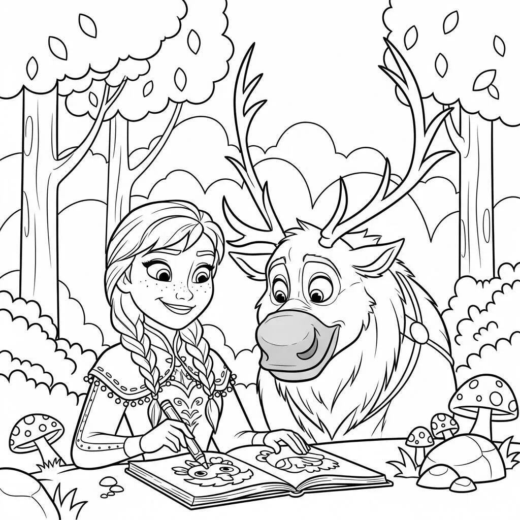 Desenho-de-Anna-e-Sven-na-Floresta-para-Colorir Desenho de Anna e Sven na Floresta para Colorir