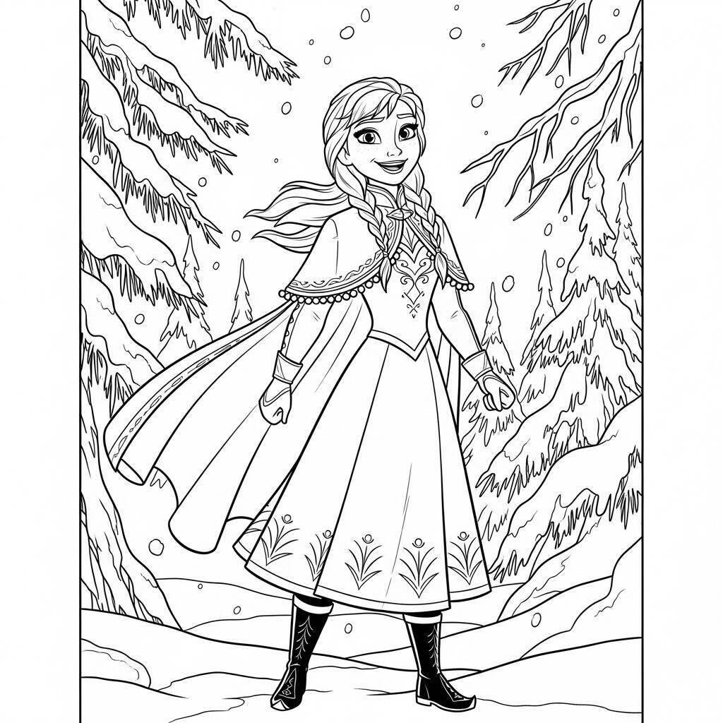 Desenho de Anna em uma floresta de inverno para Colorir