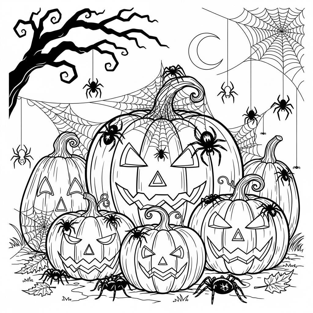 Desenho de Aranhas e Abóboras para Colorir