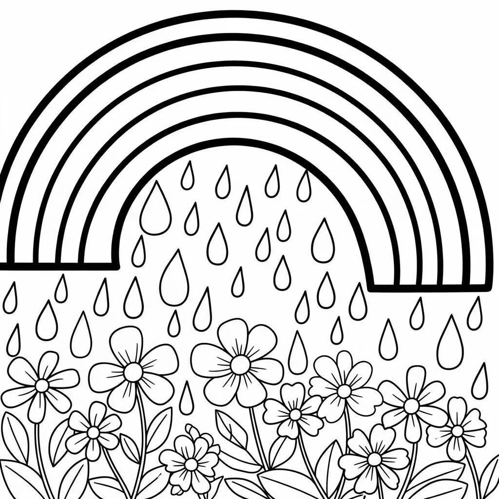 Desenho de Arco-íris e Chuva para Colorir