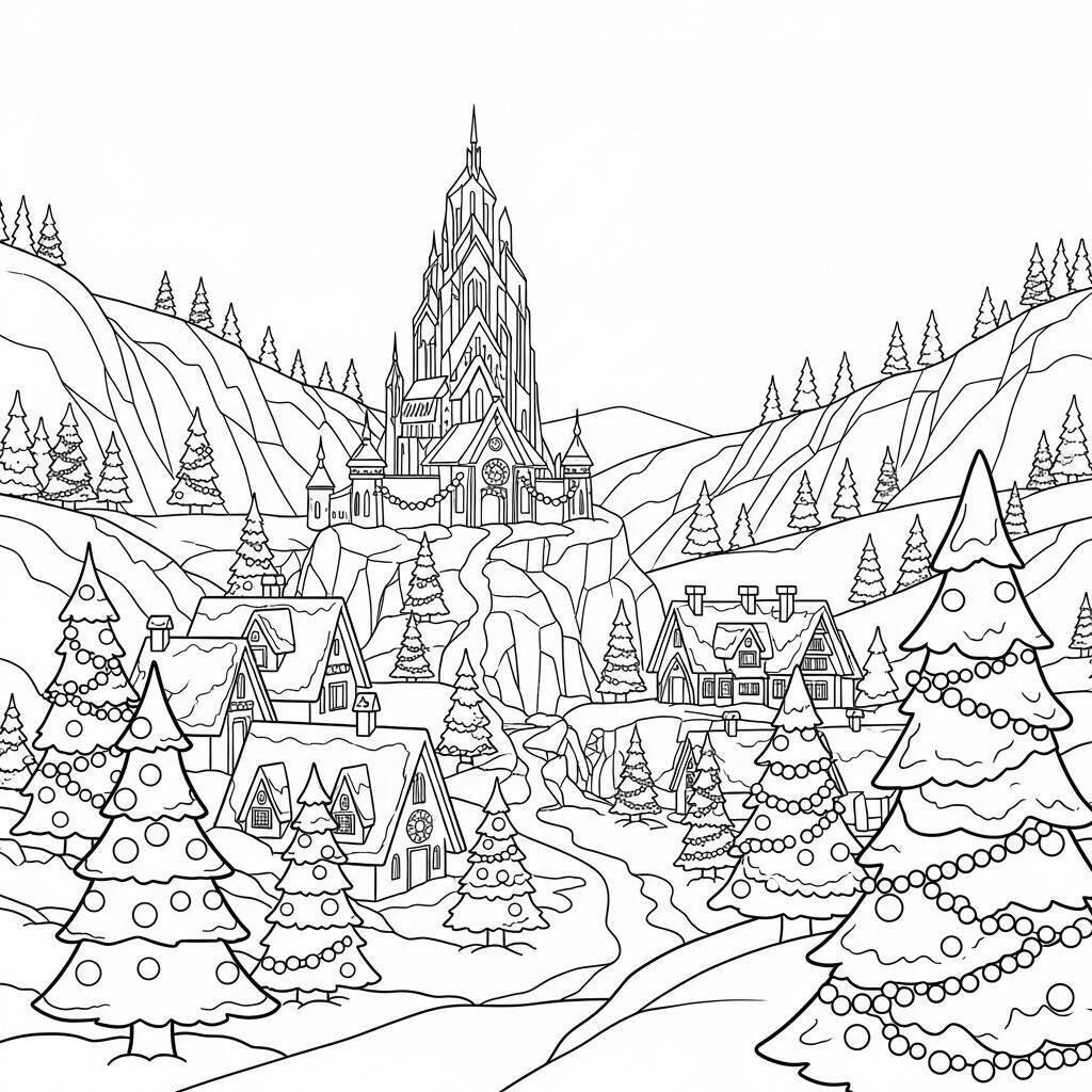 Desenho de Arendelle com árvores de natal para Colorir