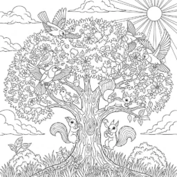 Desenho de Árvore com Animais para Colorir