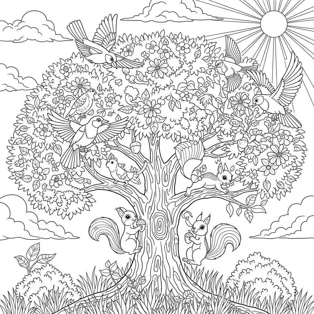 Desenho de Árvore com Animais para Colorir