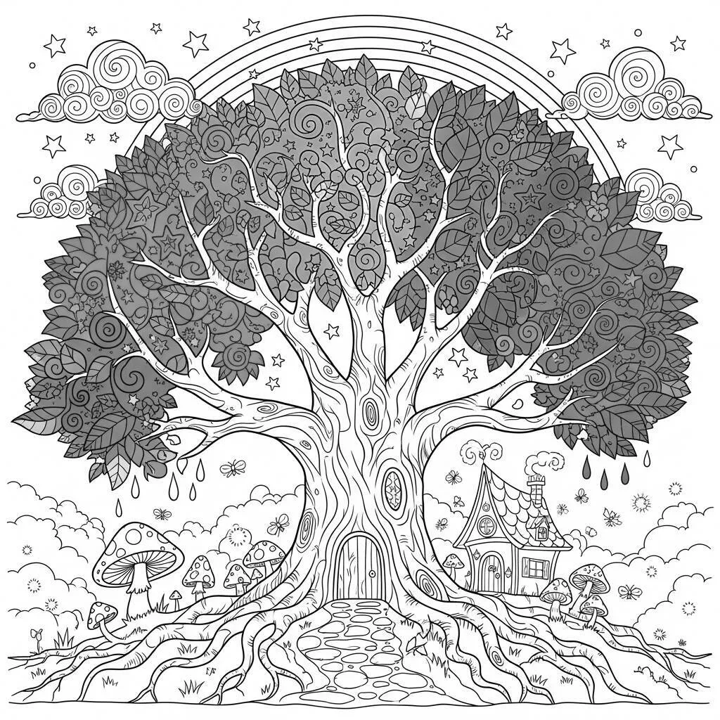 Desenho-de-Arvore-com-Cores-do-Arco-Iris-para-Colorir Tree Drawing with Rainbow Colors to Color