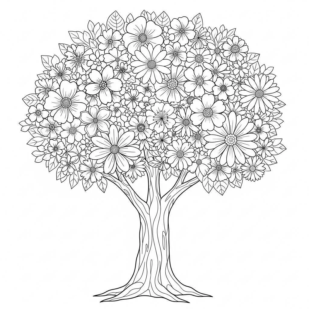 Desenho de Árvore com Flores para Colorir