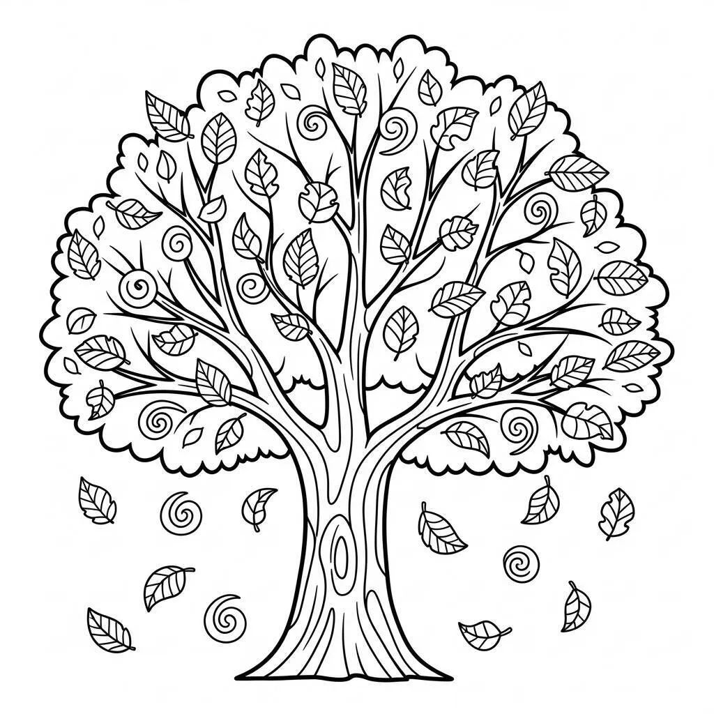 Desenho-de-Arvore-com-Folhas-Caindo-para-Colorir Desenho de Árvore com Folhas Caindo para Colorir