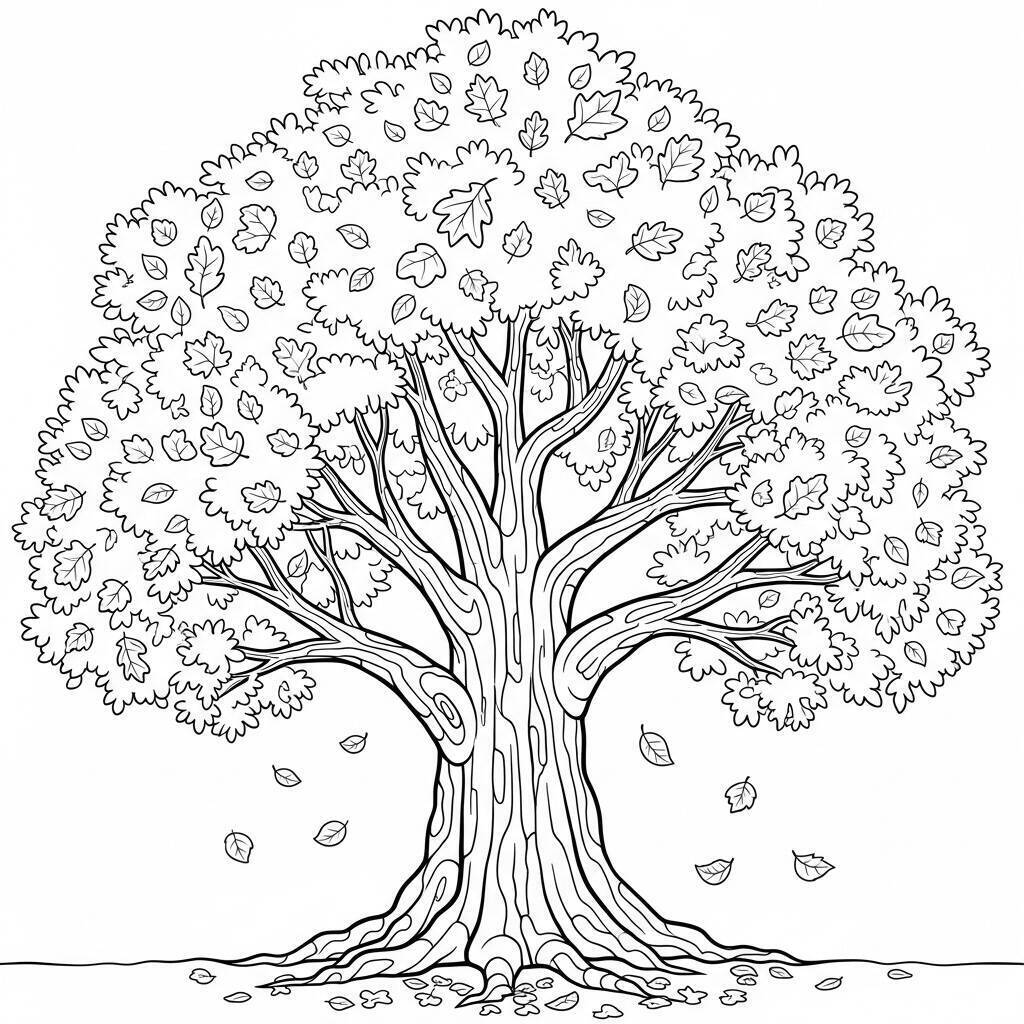 Desenho de Árvore com Folhas de Outono para Colorir