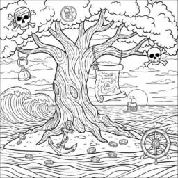 Tree Drawing with Treasure Map to Color