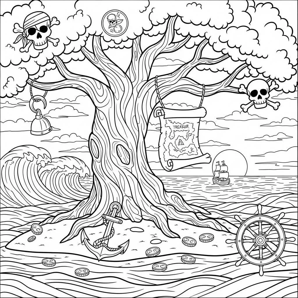 Desenho de Árvore com Mapa do Tesouro para Colorir