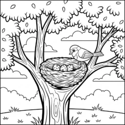 Desenho de Árvore com Ninho para Colorir