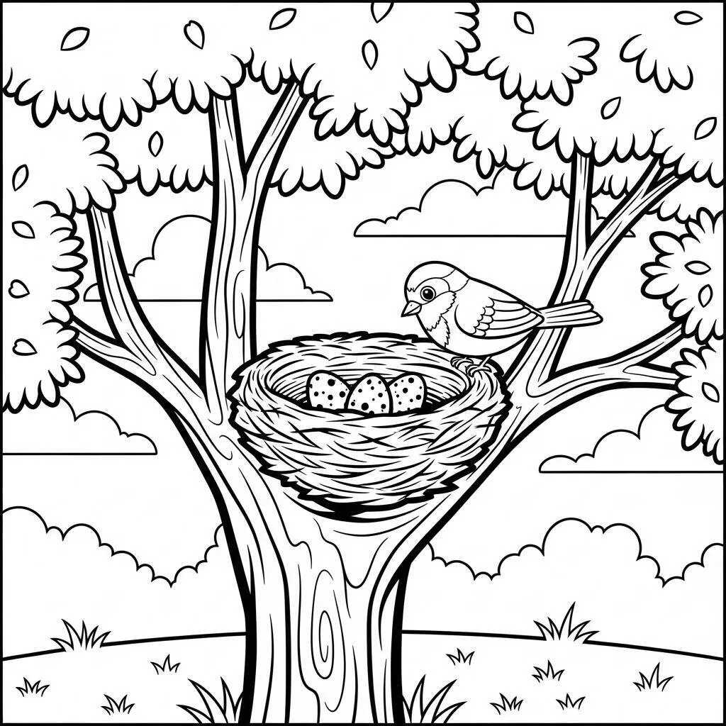 Desenho-de-Arvore-com-Ninho-para-Colorir Desenho de Árvore com Ninho para Colorir